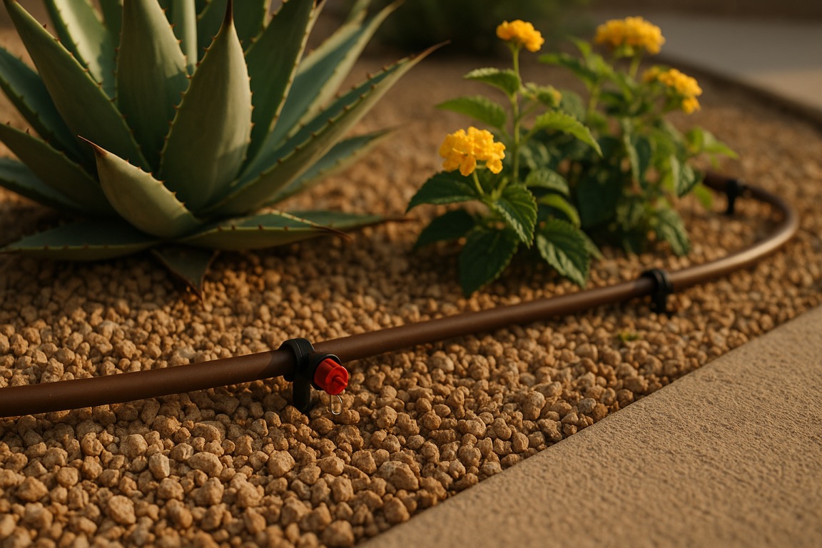 Drip irrigation line and emitter running through raked gravel past agave and lantana