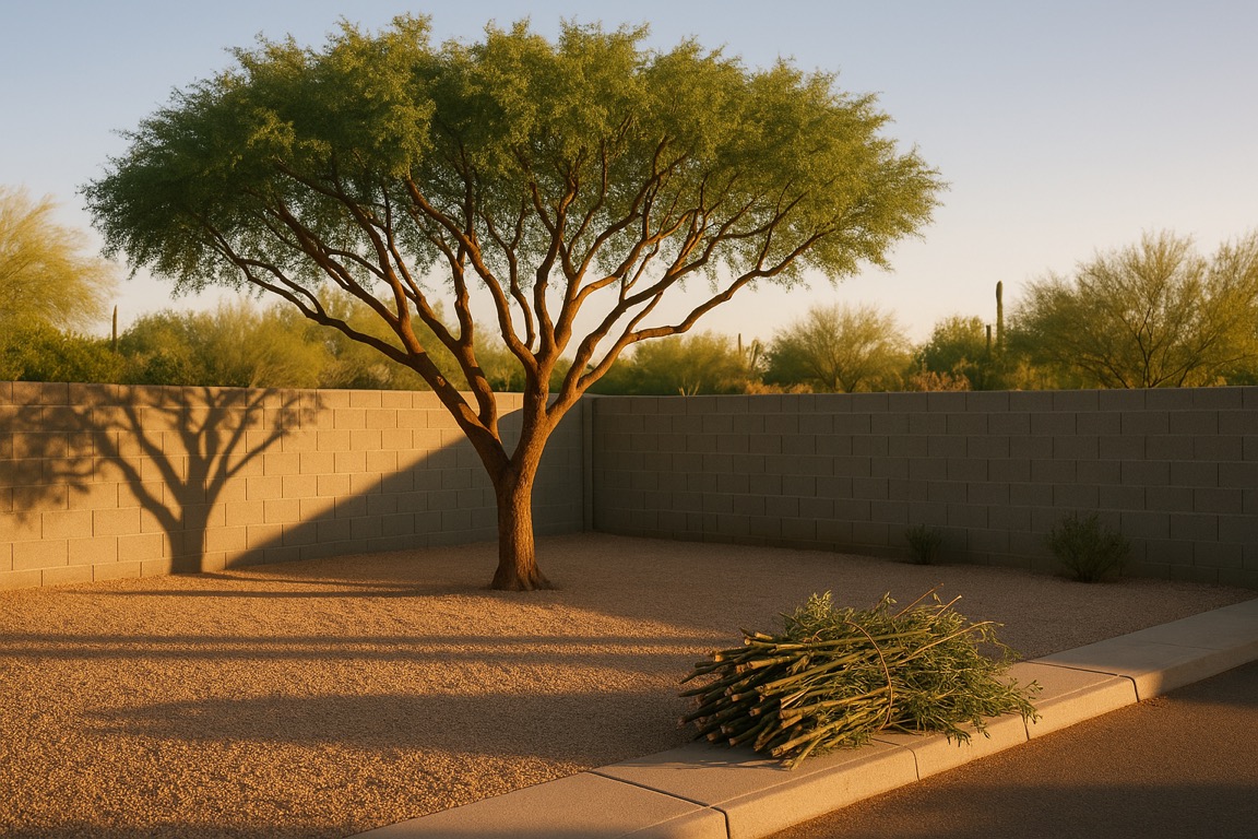 A freshly trimmed mesquite over clean raked gravel in a Tucson yard, cut branches bundled at the curb